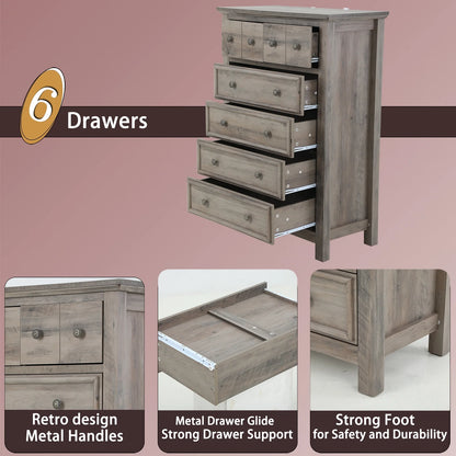 6 Drawer Wood Dresser for Bedroom, Chest of Drawers, Storage Organization Unit for Clothing, Gray