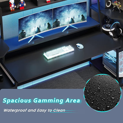 SEDETA 78.8'' Gaming Desk with Hutch and Storage Shelves,LED Lights Computer Desk Gamer Desk, Black