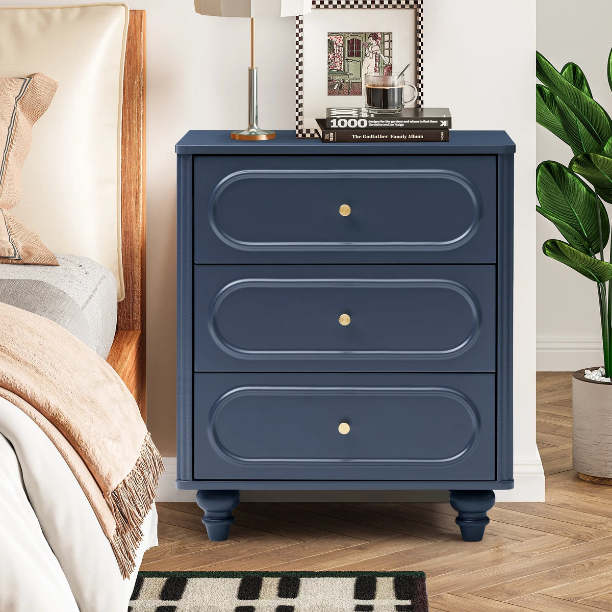 YOCWO 3 Drawer Nightstand, Classic Chest of Drawers with Arc Edge, Walnut