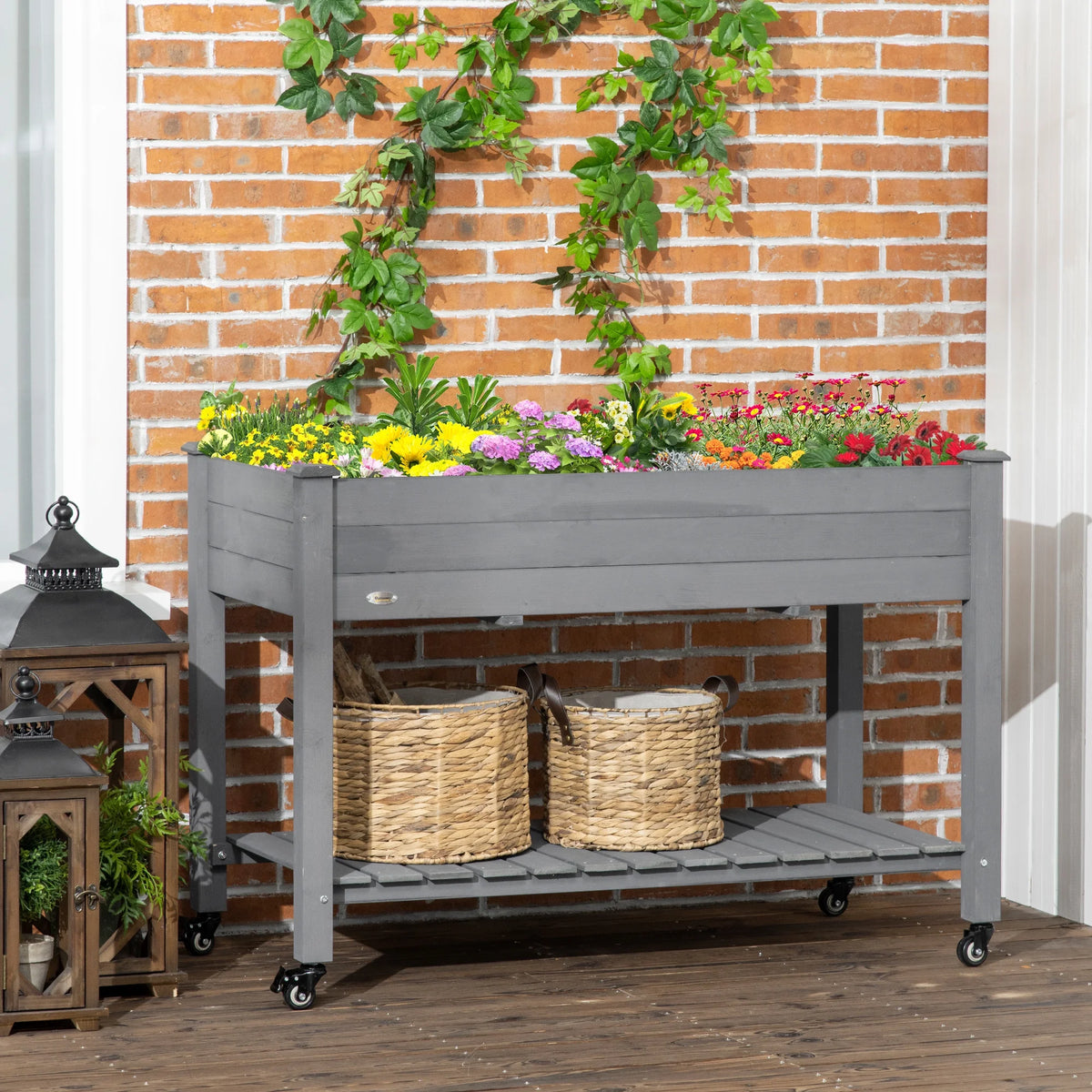 Outsunny 47" x 21" Raised Garden Bed Elevated Wooden Planter Box w/ Lockable Wheels, Storage Shelf and Bed Liner for Backyard, Patio, Dark Gray