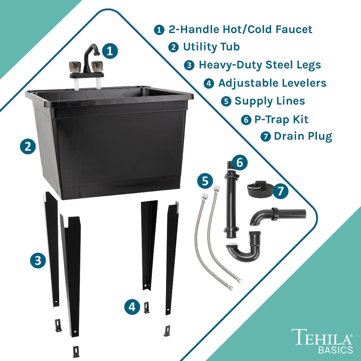 Tehila Freestanding Black Utility Sink with Black Faucet for Laundry Room