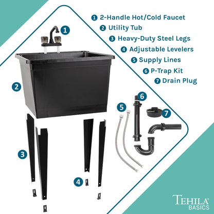 Tehila Freestanding Black Utility Sink with Black Faucet for Laundry Room