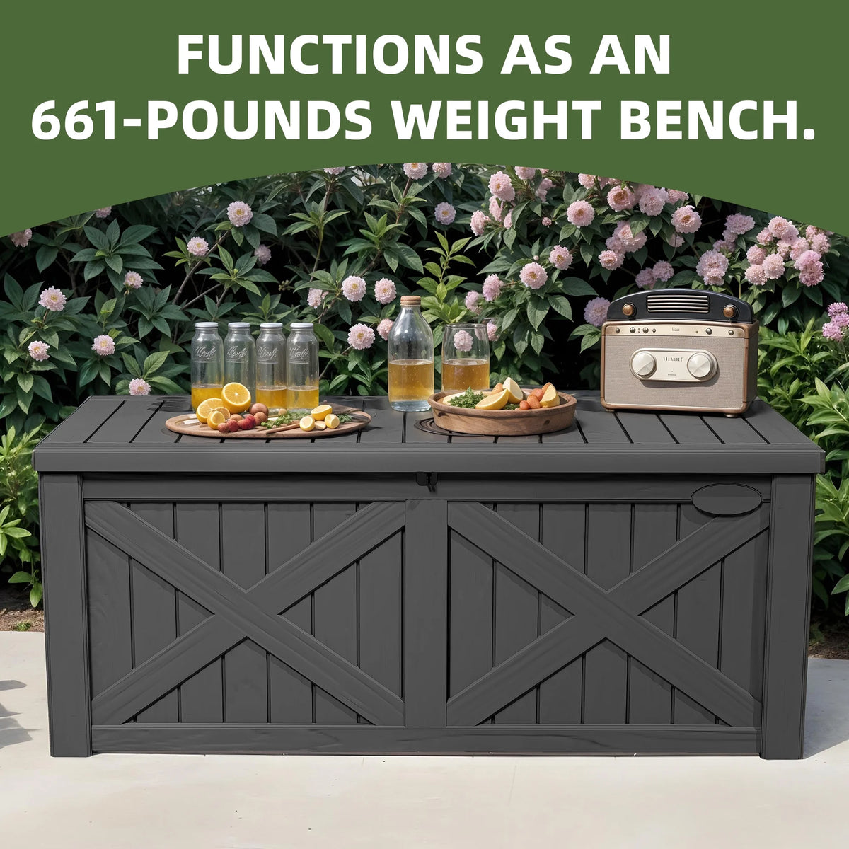 Uforic Outdoor 120 Gallon Large Resin Deck Box, Outdoor Storage Boxes with X-Shaped Front, for Patio Garden, Waterproof & Lockable, Light Brown