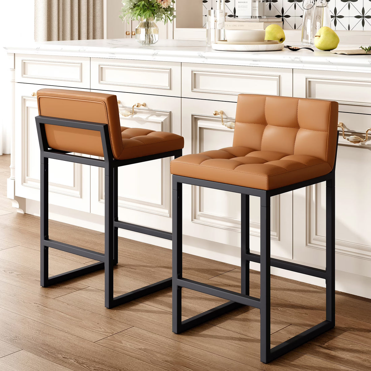 FIRAVOE Bar Stools Set of 3, Counter Height Bar Stools (Low Back)(Thickened Frame) 26" PU Leather Barstools Bar Chairs for Kitchen Island, Black