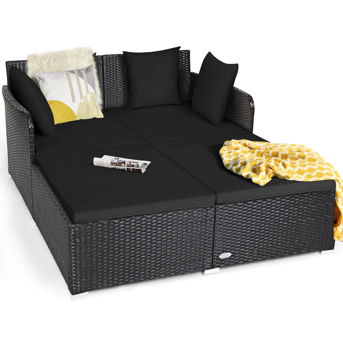 Costway Outdoor Patio Rattan Daybed Pillows Cushioned Sofa Furniture Beige