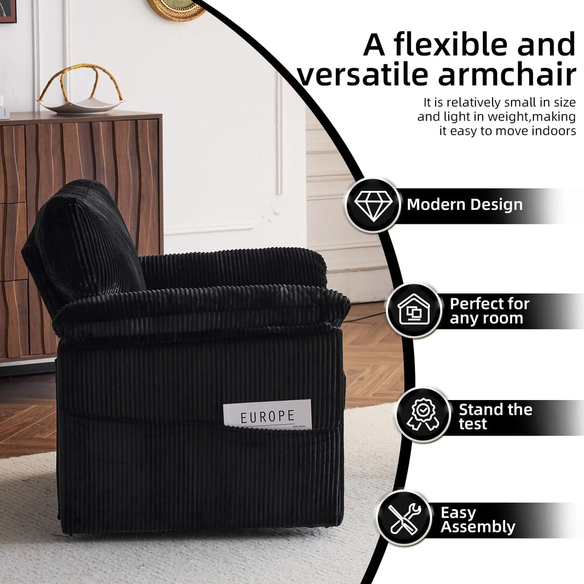 FFH 33" Oversized Swivel Accent Chair,Armchair with Side Pocket,Upholstered Corduroy Lounge Chaise Chair,Barrel Chairs,Comfy Single Sofa Chair for Living Room Reading Bedroom Office,Black
