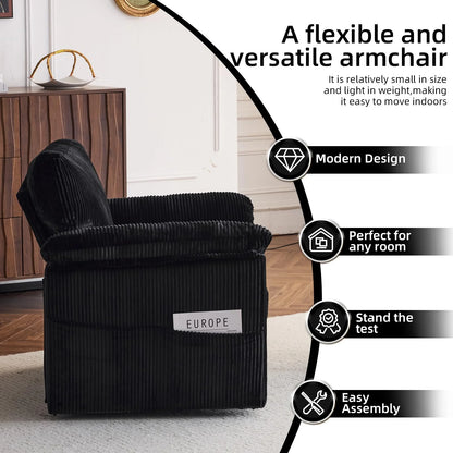 FFH 33" Oversized Swivel Accent Chair,Armchair with Side Pocket,Upholstered Corduroy Lounge Chaise Chair,Barrel Chairs,Comfy Single Sofa Chair for Living Room Reading Bedroom Office,Black