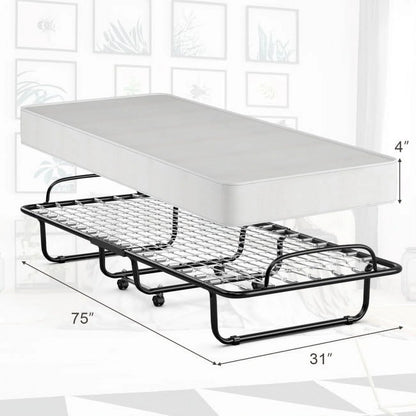 75" x 31" x 13" Folding Bed with Mattress, Rollaway Bed Metal Frame on Wheels, Portable Foldable Guest Bed for Adults, Cot Size Fold up Bed with Memory Foam Mattress