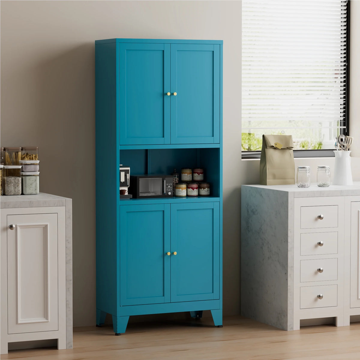 Elegant 69" Tall Modern Kitchen Pantry,Metal Storage Cabinet with Adjustable Shelves,Pantry Storage Cabinet for Kitchen,Dining Room,Living Room,Blue