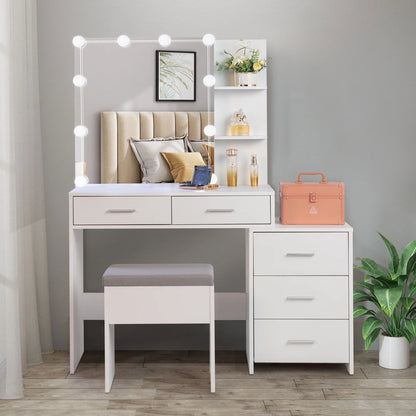 Ktaxon Flutted Makeup Vanity Table Set with 5 Drawer, Dressing Table w/Charging Station, Vanity Desk for Femal Gift, White