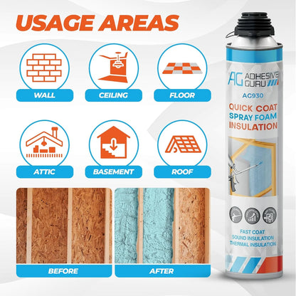 Adhesive Guru Spray Foam Insulation Kit (18 x 32.80 oz/930 gr - 360 Board feet), Self-Expanding Adhesive Foam, Closed Cell Heat Insulation & Acustic Spray with Cleaner and Dispensing Gun- 18 Pack