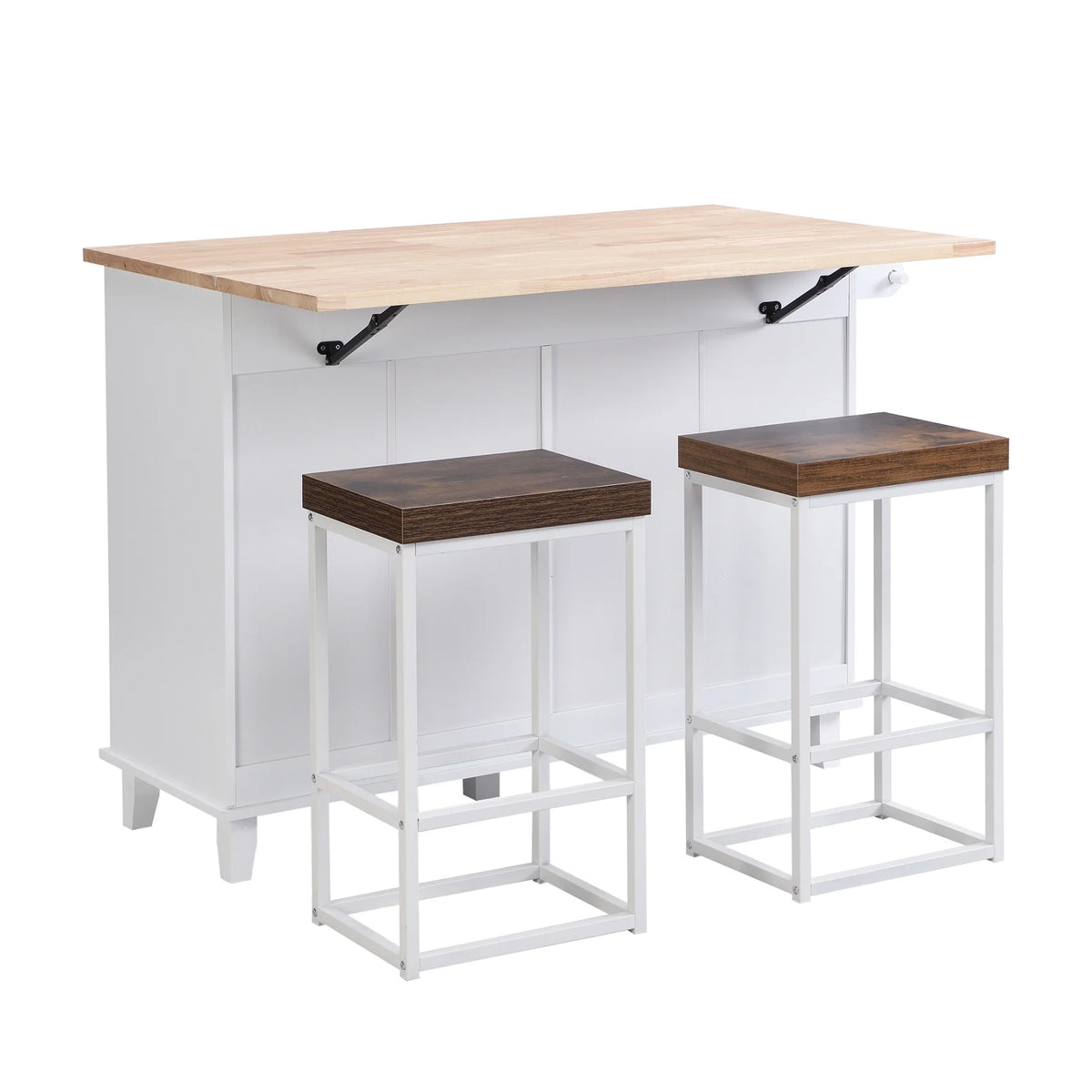 Kitchen Island with Storage, Portable Kitchen Island on Wheels with Drop-Leaf and 2 Stools, Built-in 4 Drawers and Towel Rack, Rolling Kitchen Island Cart for Home, Kitchen and Dining Room, White