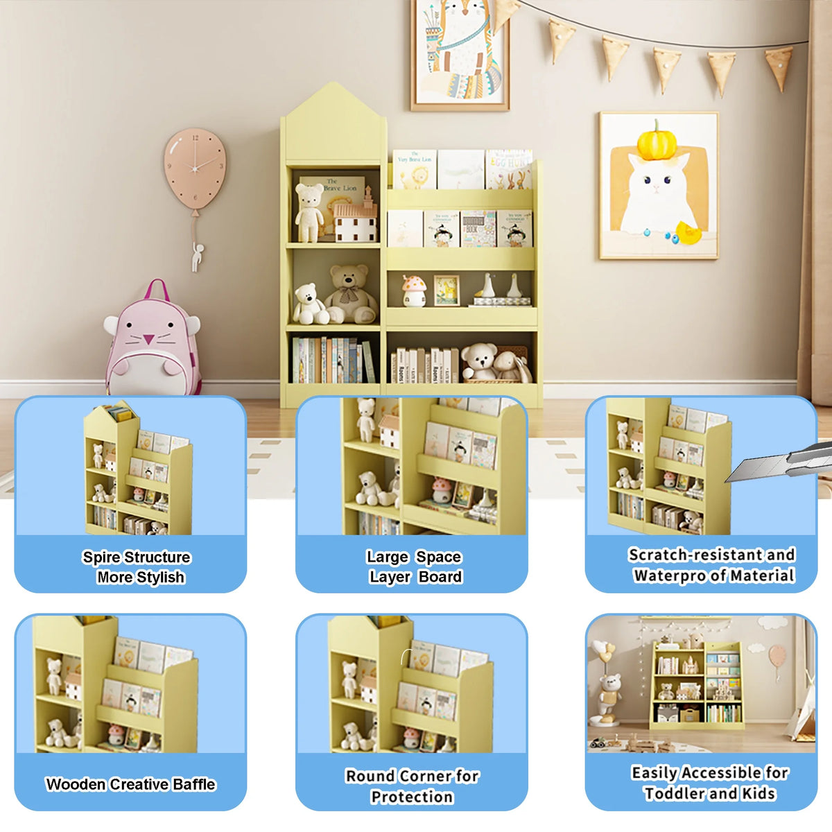 PORKISS Bookshelf for Kids, Wood Kids Bookcase with Toy Storage Organizer, Freestanding Book Shelf with 6 Compartments and 2 Baskets Bins for Kids Bedroom, Nursery, Playroom, Natural