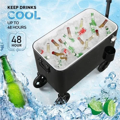 80 Quart Wagon Rolling Cooler Ice Chest, /Long Handle and 10" Wheels, Portable Beach Patio Party Bar Cold Drink Beverage, Outdoor Park Cart on Wheels