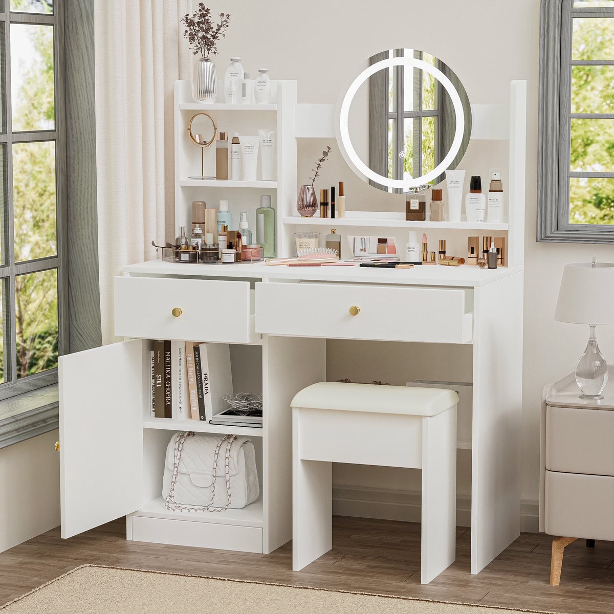 Montary Modern Mini Vanity w/Adjustable LED Mirror + Hidden Storage, Padded Stool & Dustproof Shelves (White)