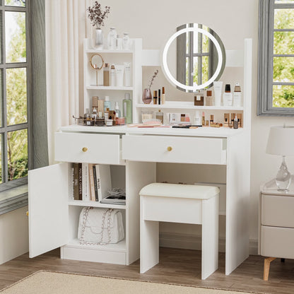 Montary Modern Mini Vanity w/Adjustable LED Mirror + Hidden Storage, Padded Stool & Dustproof Shelves (White)