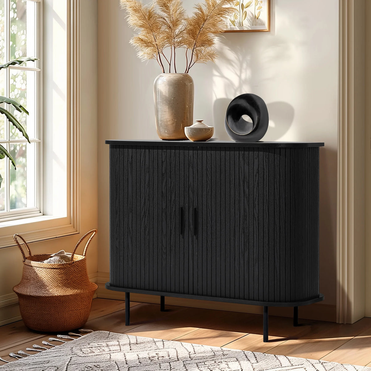 LuxenHome 35" Mid Century Modern Accent Cabinet, Small Buffet Cabinet with Sliding Door, Oak