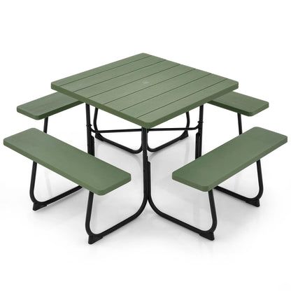 Costway Outdoor 8-person Square Picnic Table Bench Set with 4 Benches & Umbrella Hole White