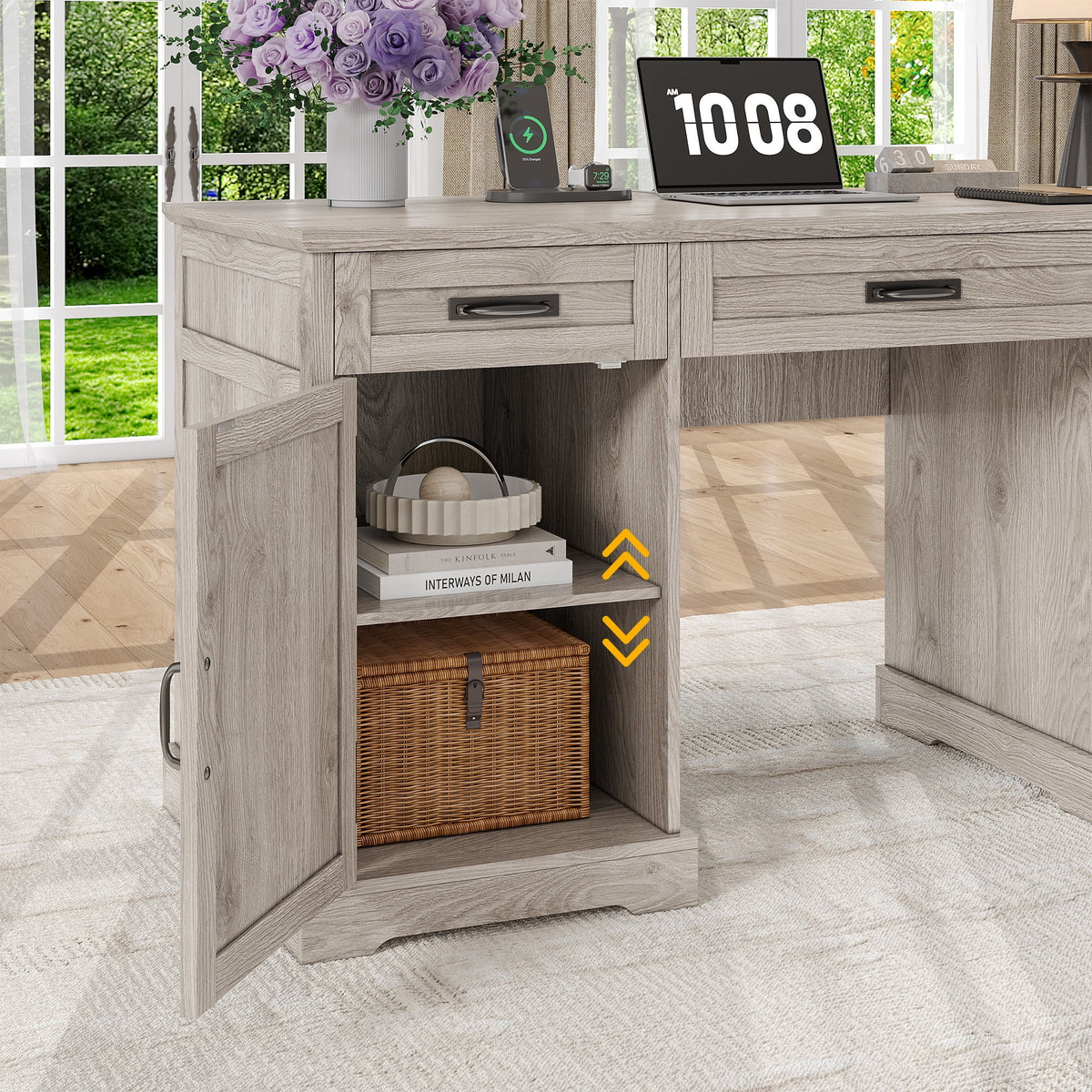 Whalefall 55 in Farmhouse Executive Desk with File Drawer for Adult Home Office, White