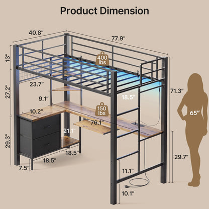 Lofka Twin Loft Bed with L-Shaped Desk, RGB Lights & Charging Station, 400lb Capacity Metal Frame, 3 Shelves & 2 Drawers, Easy Assembly��White