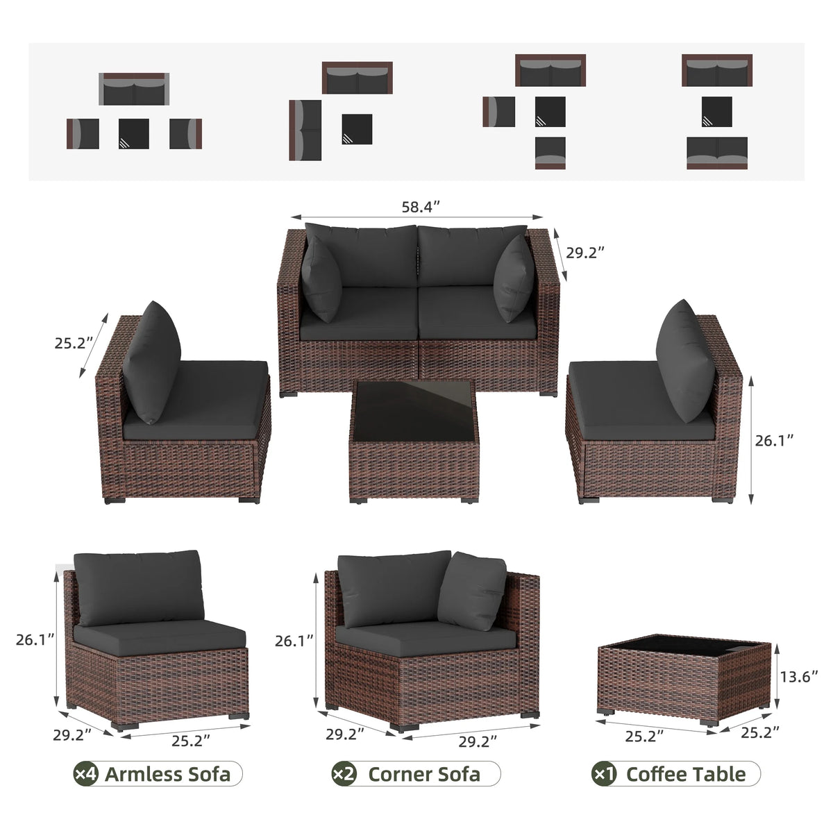 7 Pieces Patio Conversation Set, Outdoor Sectional PE Rattan Wicker Furniture Seat,Dark Gray