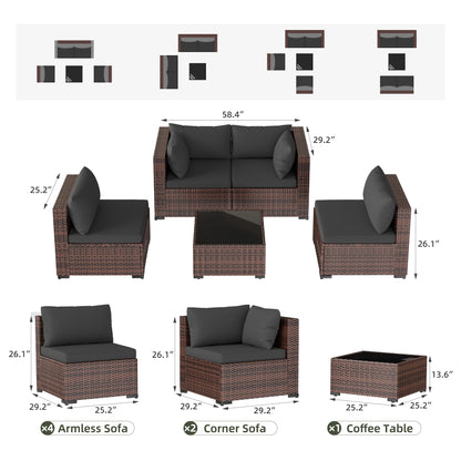 7 Pieces Patio Conversation Set, Outdoor Sectional PE Rattan Wicker Furniture Seat,Dark Gray