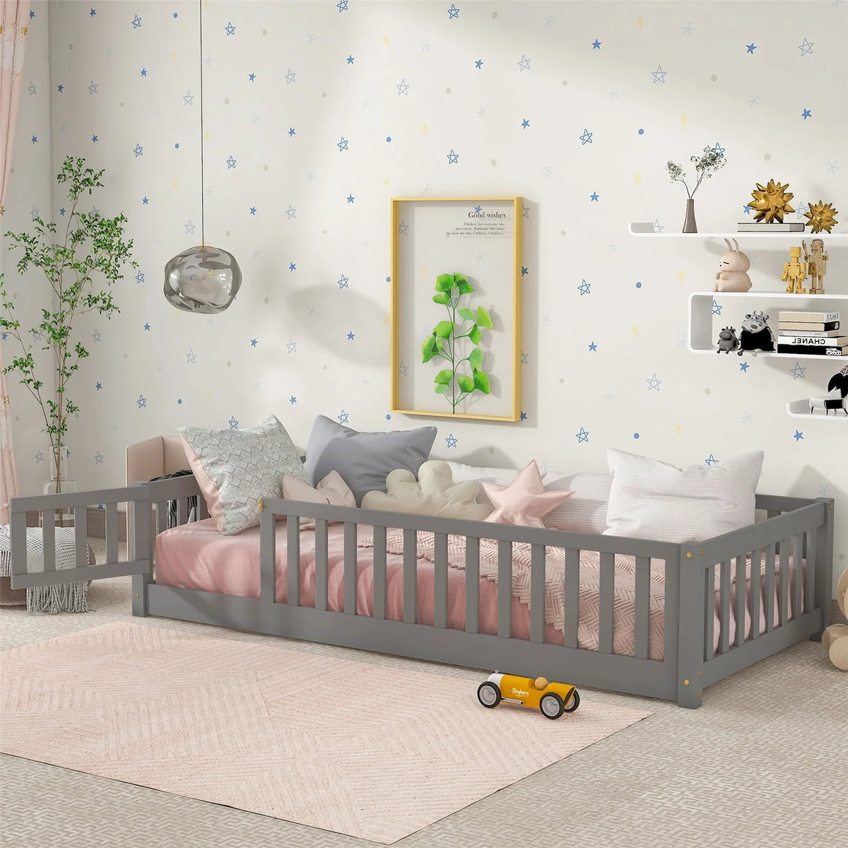 Twin Size Floor Bed Frame, Solid Wood Platform Bed Frame with Safety Fence & Small Door, Montessori Floor Bed with Slats Support for Boys Girls, No Box Spring Needed, Grey