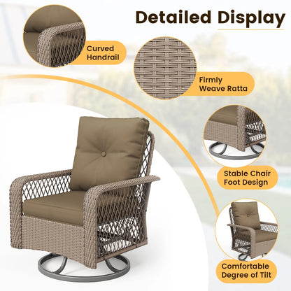 ELPOSUN 3 Pieces Patio Furniture Set, Outdoor Swivel Gliders Rocker, Wicker Patio Bistro Set with Rattan Rocking Chair, Glass Top Side Table and Thickened Cushions for Porch Deck Backyard
