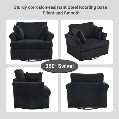 Ktaxon Swivel Accent Chair, 360-Degree Rotation Reading Chair, Corduroy Fabric Sofa with Armrest Pockets, Solid Metal Base, Perfect for Living Room Bedroom Black