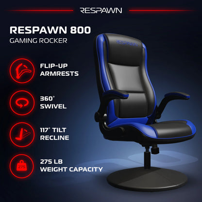 RESPAWN 800 Swivel Rocker Gaming Chair - Ergonomic Floor Gaming Seat with Lumbar Support, Flip Up Armrest, High Back, Pedestal Base, Comfortable No Wheels Console Video Game Rocker Chair - Red
