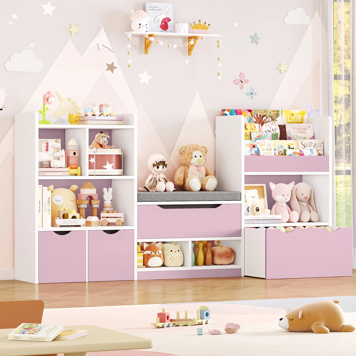 Hiphuta 72"Wide Kids Bookcase with Reading Nook and Under Bench Storage, Wooden Toy Storage Organizer & Book Rack for Kids Room, White