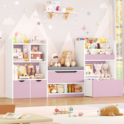 Hiphuta 72"Wide Kids Bookcase with Reading Nook and Under Bench Storage, Wooden Toy Storage Organizer & Book Rack for Kids Room, White
