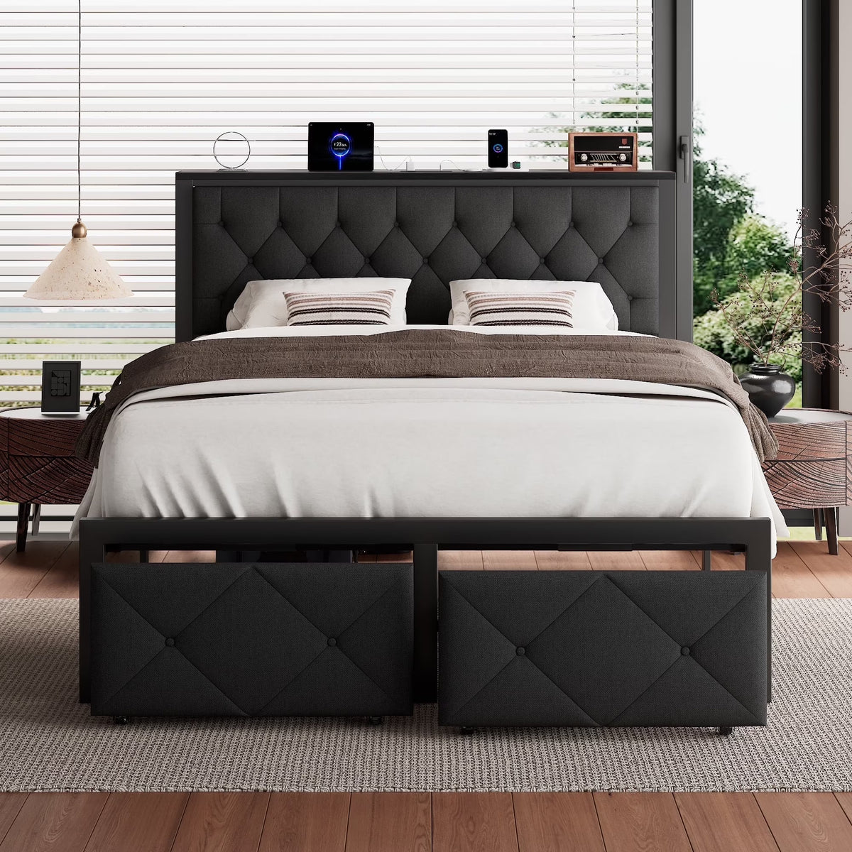 iPormis Full Bed Frame with 2 Drawers, Metal Platform Bed with Charging Station and Linen Fabric Storage Headboard Strong Metal Slats Black,Gray