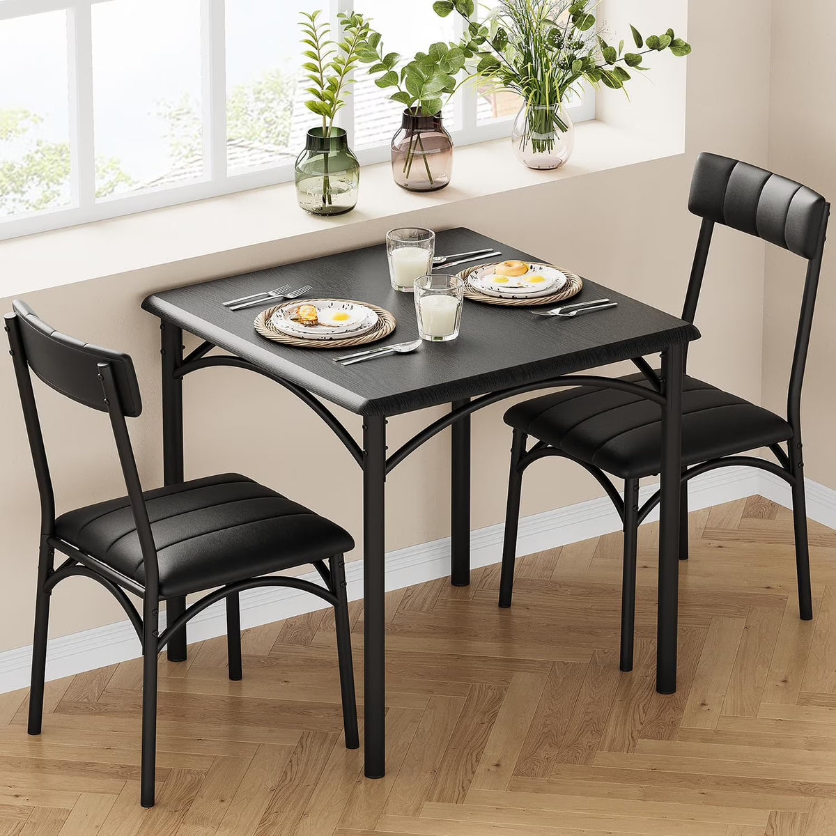Dining Table Set for 2, Kitchen Table and Chairs for 2 with Upholstered Chairs, 3 Piece Dining Room Table Set, Square Kitchen Table Set for Small Space, Apartment, Studio