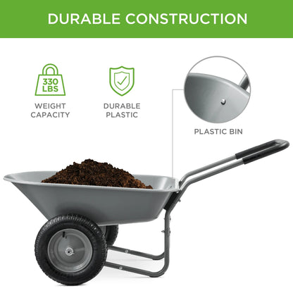 Best Choice Products Dual-Wheel Home Wheelbarrow Yard Garden Cart for Lawn, Construction - Green
