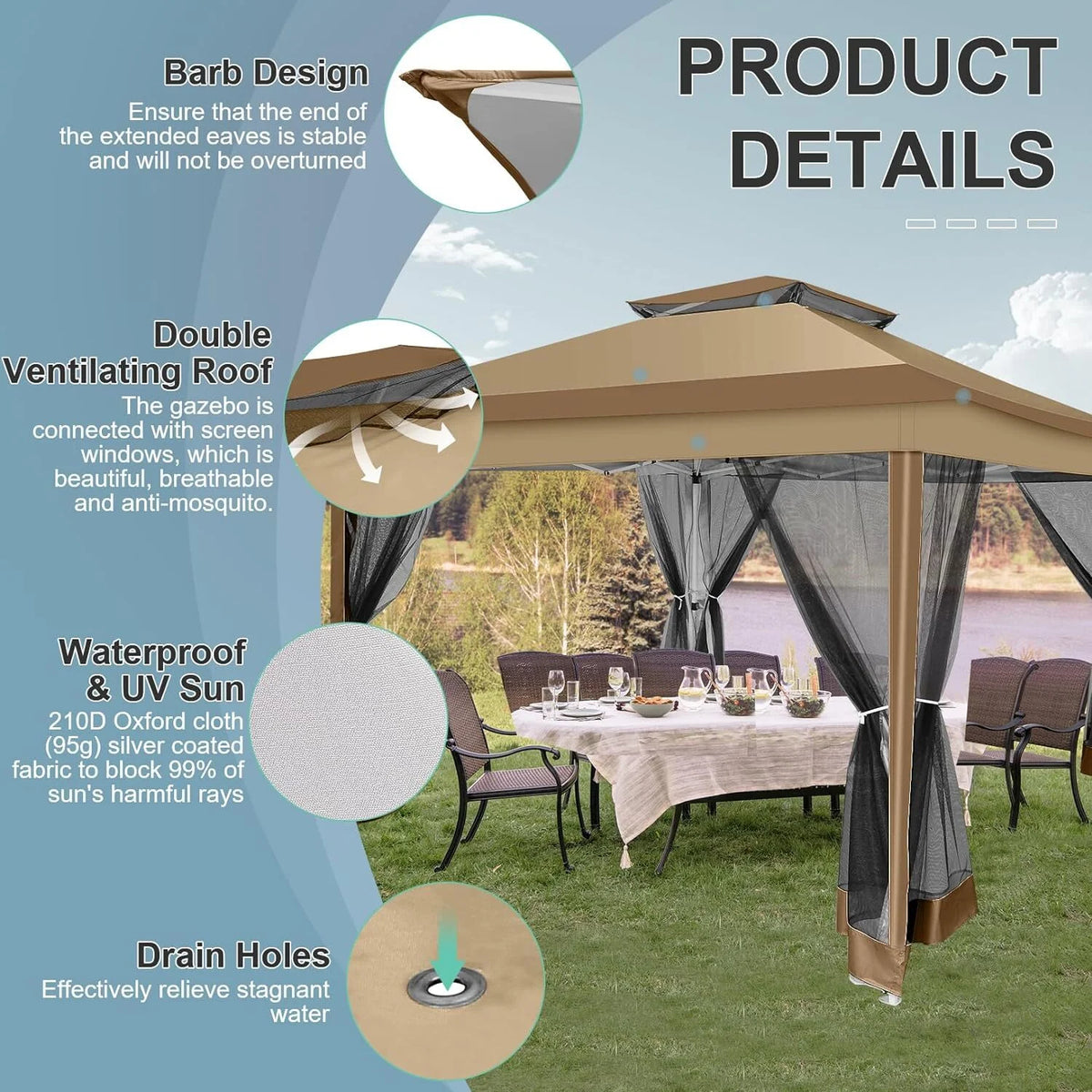 COBIZI 12x12 Outdoor Gazebo Pop Up Gazebo Canopy with Mosquito Netting Patio Tent Backyard Canopy with 2-Tiered Vented Top 3 Adjustable Height, Beige
