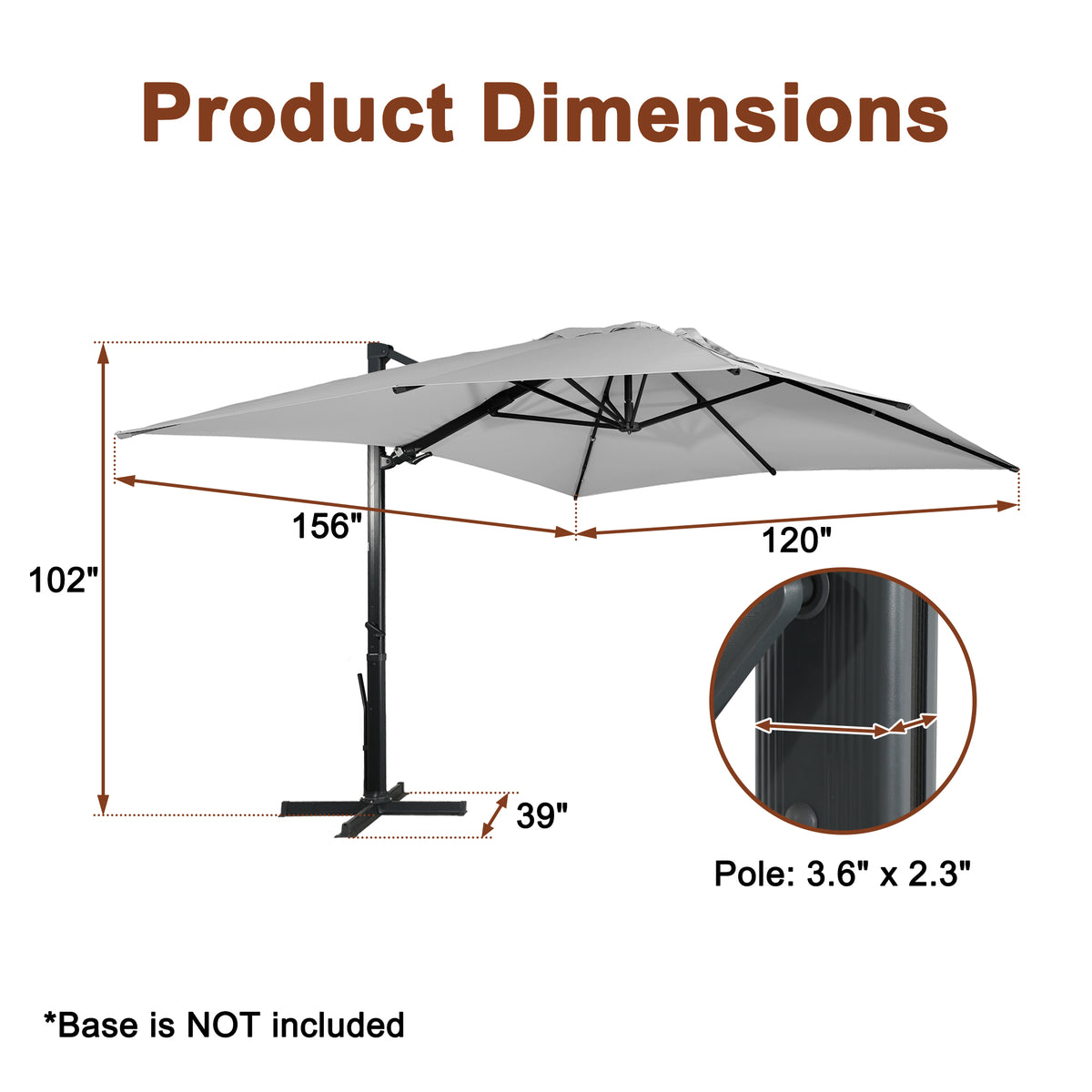 Boyel Living 10 x 13 FT Rectangle Patio Offset Umbrella Outdoor Large Cantilever Umbrella Heavy Duty Sun Umbrella, Gray(Without Base)