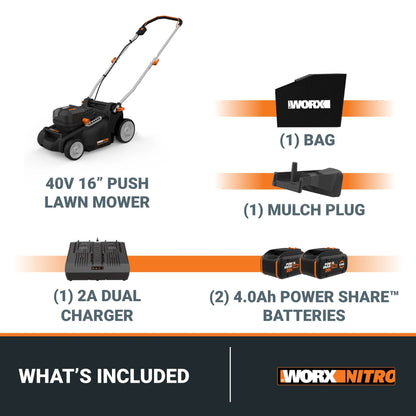 Worx Nitro WG737 40V 16" Cordless Push Lawn Mower with Brushless Motor (Batteries & Charger Included)