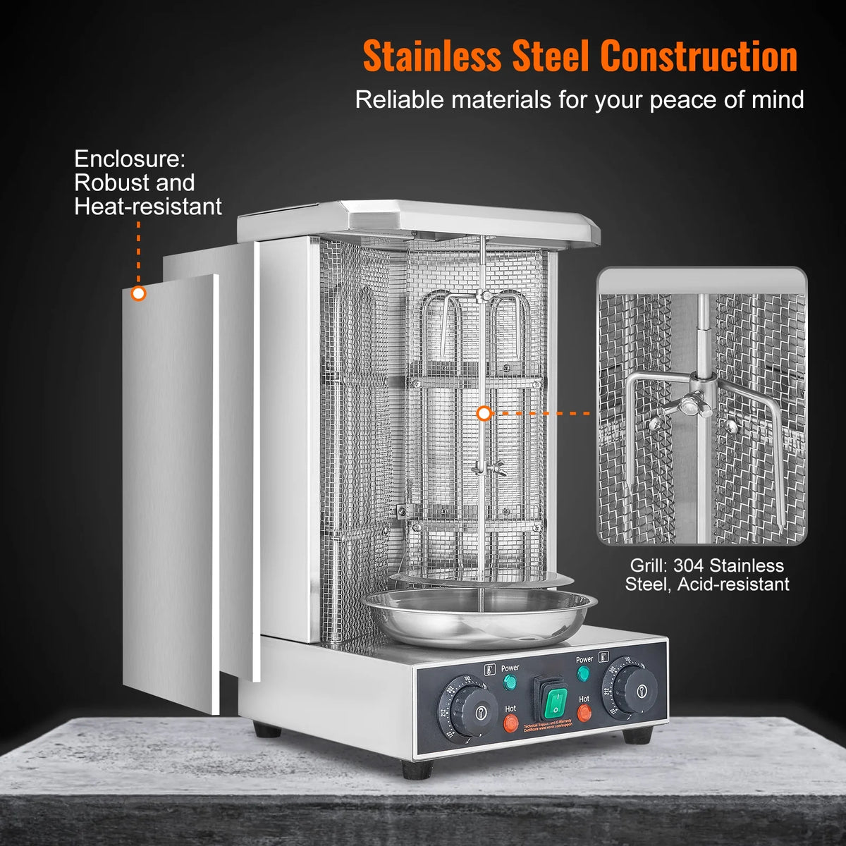 KFFKFF Electric Vertical Chicken Grill Machine Countertop BBQ Rotisserie Stainless Steel Body with 2 Burners for Restaurant Dinner Home Kitchen