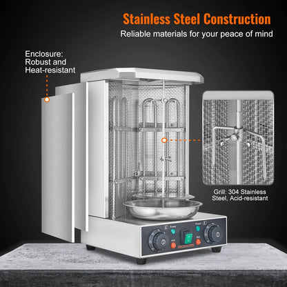 KFFKFF Electric Vertical Chicken Grill Machine Countertop BBQ Rotisserie Stainless Steel Body with 2 Burners for Restaurant Dinner Home Kitchen