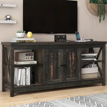 Dextrus White TV Stand up to 65 Inches w/Power Outlets, Farmhouse Entertainment Center Cabinet with Storage for Living Room