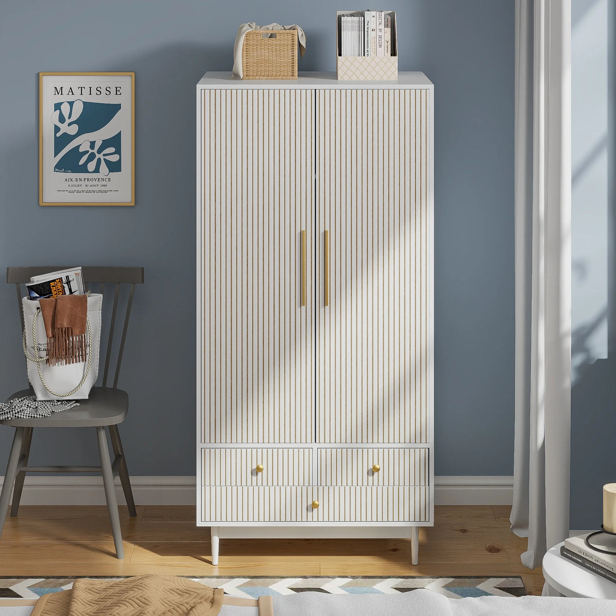 Armoire Wardrobe Closet, Closet Wardrobe Cabinet with Drawers and Hanging Rail for Bedroom, White