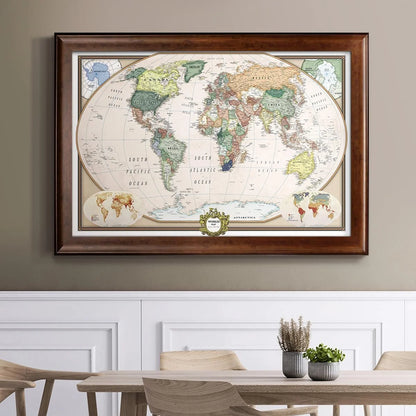 Renditions Gallery Colorful World Map Canvas Wall Art with Walnut Frame Wall Hanging Travel Map with Push Pins for Home, Office, Classroom