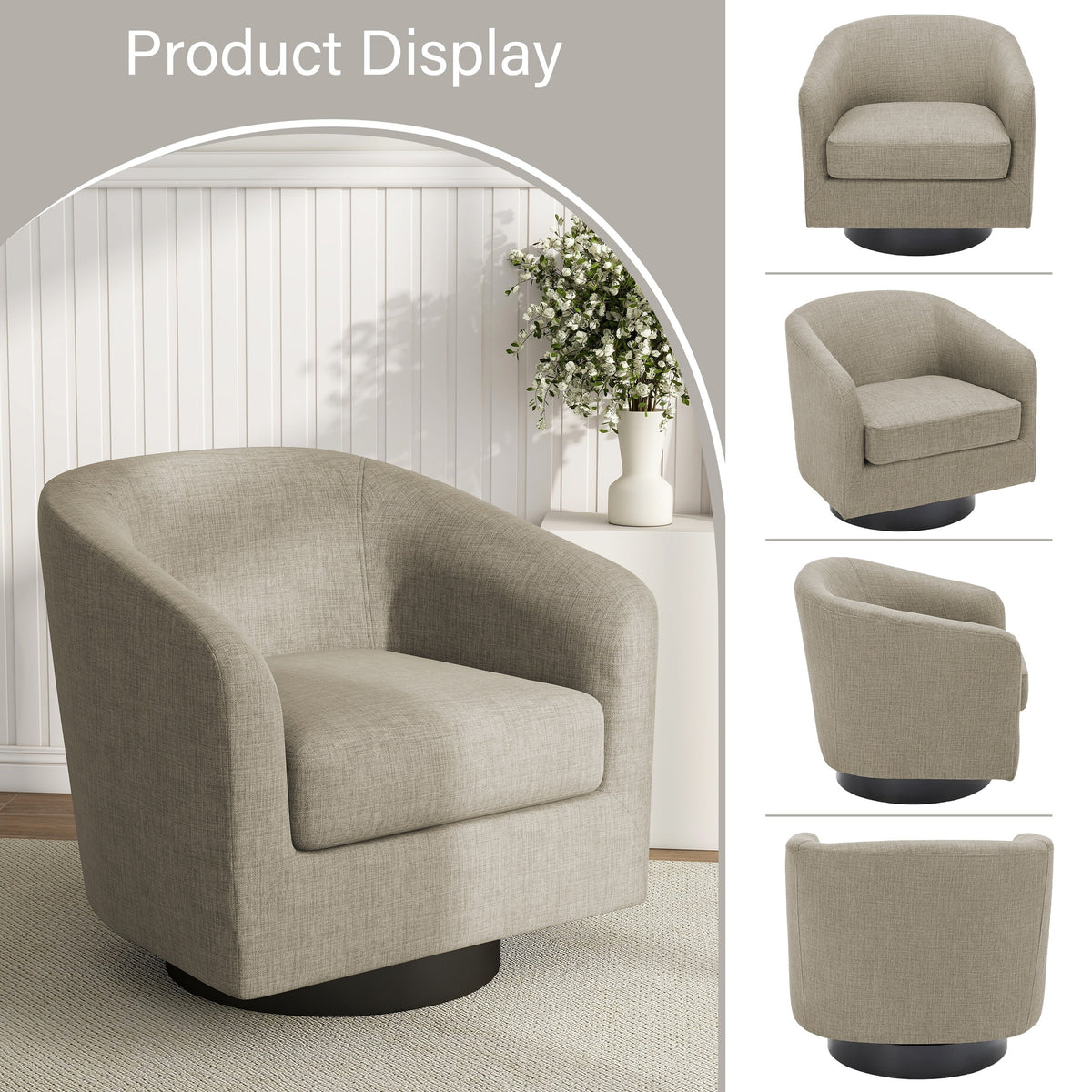 DREAMSIDEA Swivel Barrel Accent Chair for Living Room, Modern Upholstered Round Club Armchair-Cream