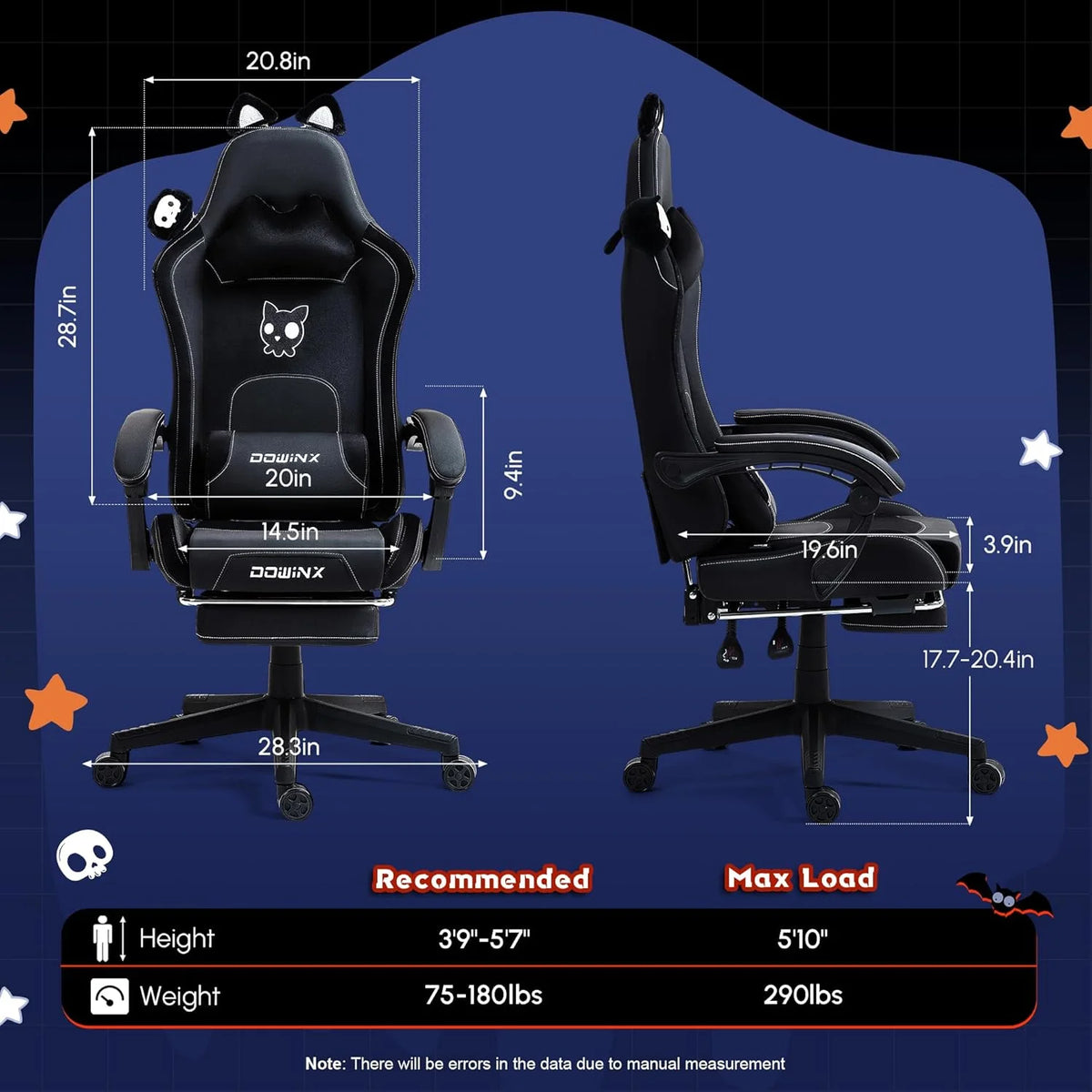 Dowinx Gaming Chair Cute with Cat Ears and Massage Lumbar Support, Ergonomic Computer Chair for Girl with Footrest and Headrest, Comfortable Reclining Game Chair 290lbs for Adult, Teen, Blue Green