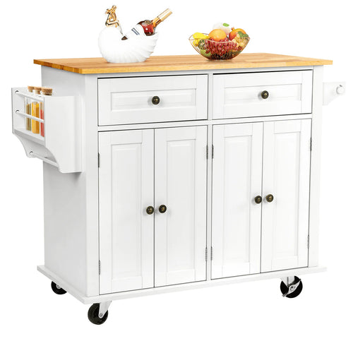 RichYa Kitchen Island with Storage, Rolling Kitchen Cart with Lockable Wheels, Rubber Wood Tabletop Kitchen Island Table for Kitchen, Living Room, White