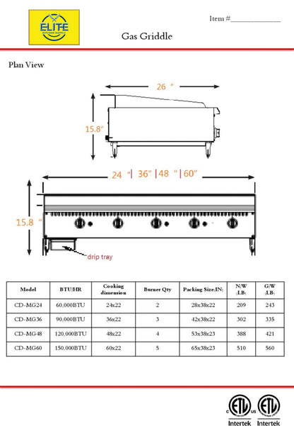 NSF 36 in. Commercial Griddle 90,000BTU Gas Griddle, 3 Burner Heavy-Duty Stainless Steel Countertop Griddle