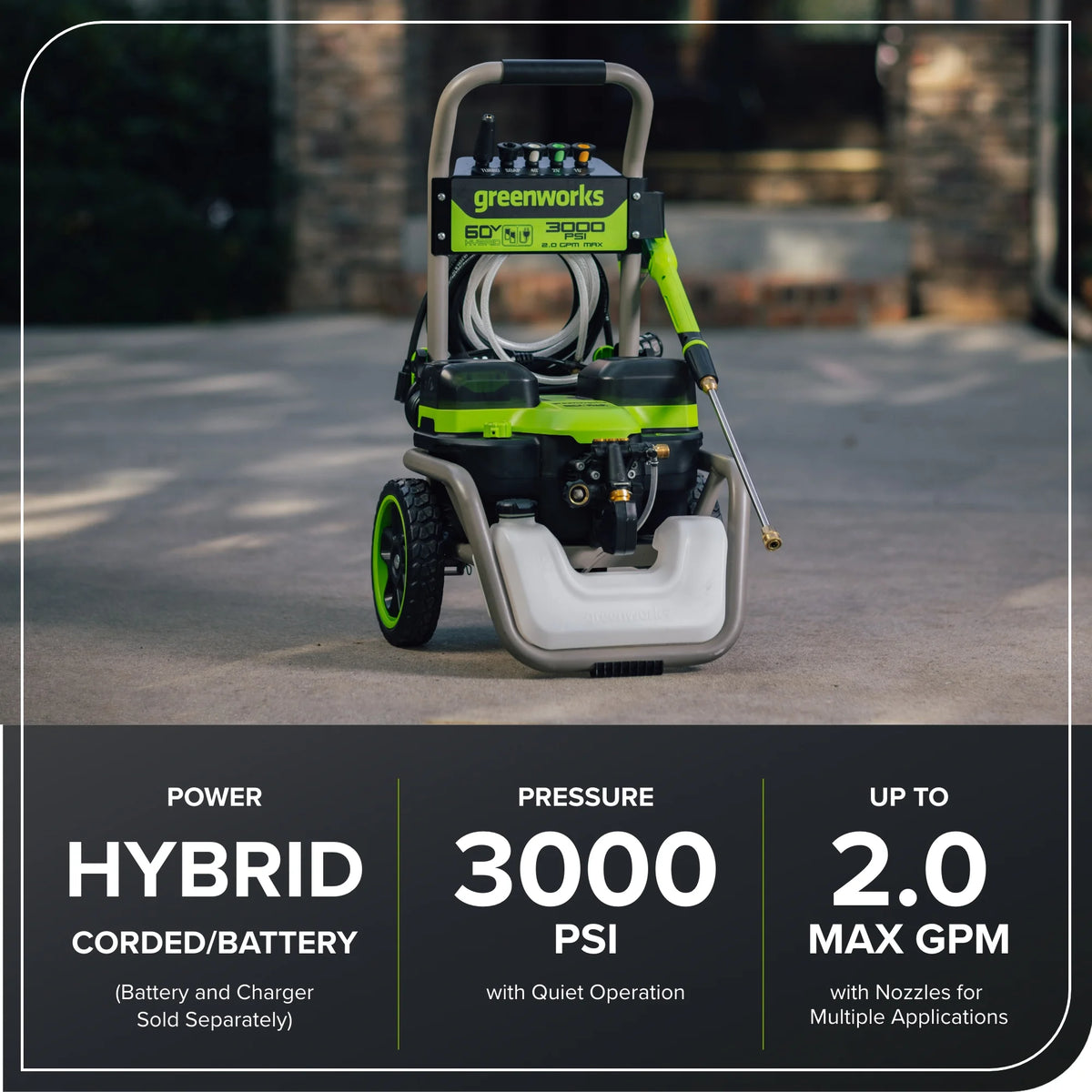 Greenworks Hybrid 60V 3000 MAX PSI at 2.0 GPM MAX Electric Pressure Washer + (2) 5.0Ah Batteries & Dual-Port Charger 5128202