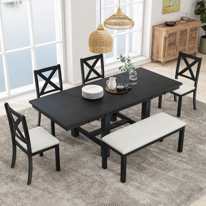 6 Piece Extendable Dining Table Set, Atumon Wood Dining Room Set for 6, Dining Table Set with 4 Beige Cushioned Chairs and Bench, Farmhouse Dining Table Set Furniture for Kitchen Dining Room, Natural