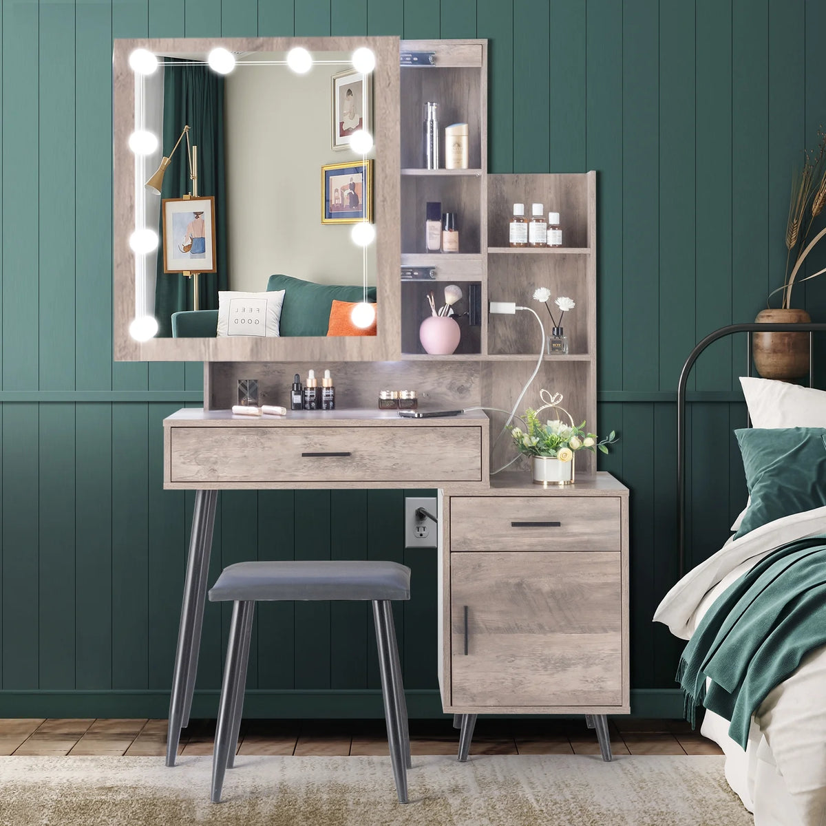 Kadyn Vanity Desk with Lighted Mirror, Vanity Table and Chair Set with 2 Drawers, Dressing Table Makeup Desk with 1 Door, Retro Gray